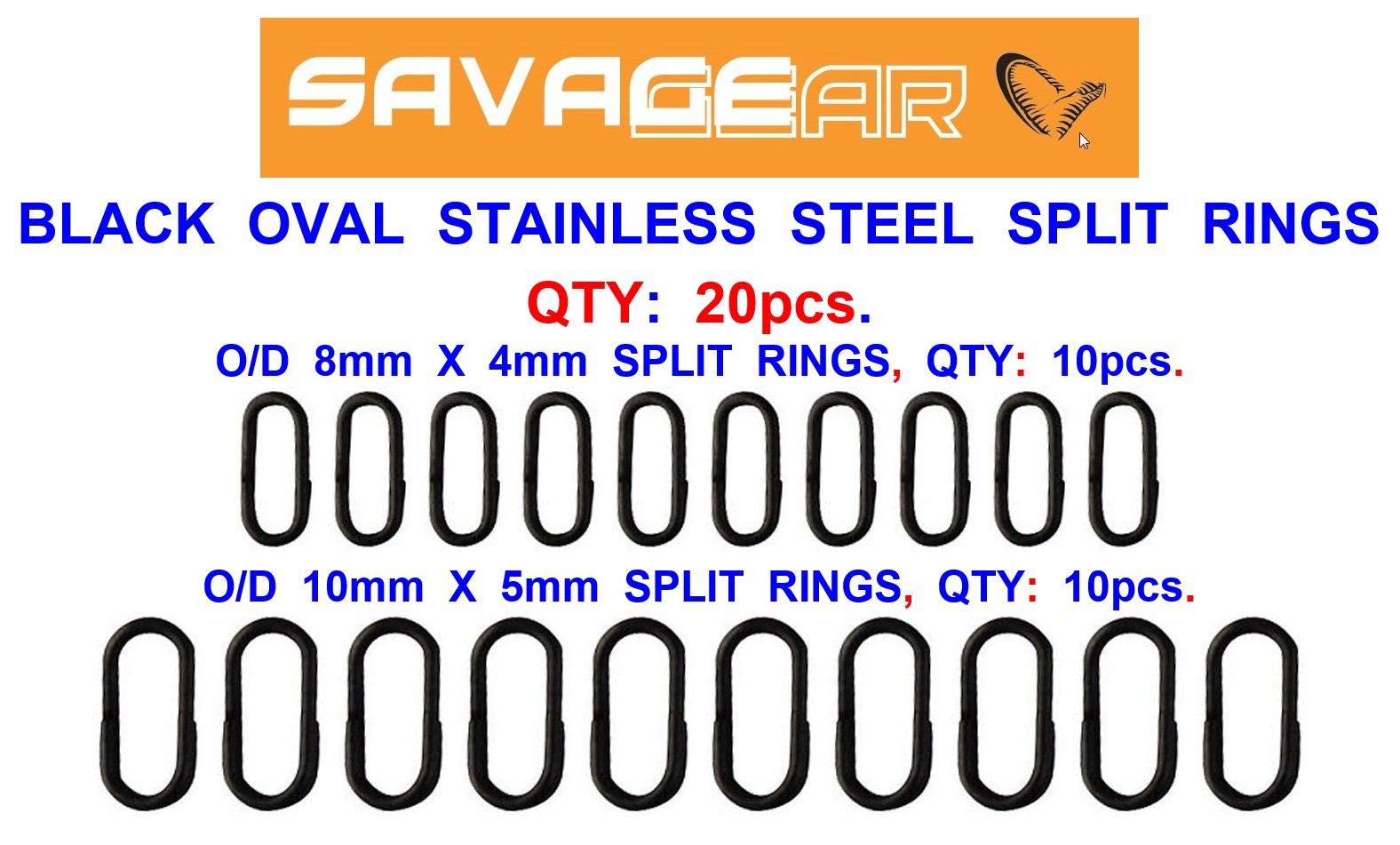 20 SAVAGE GEAR OVAL BLACK STAINLESS SPLIT RINGS SEA COARSE FISHING LINE RIG LINK
