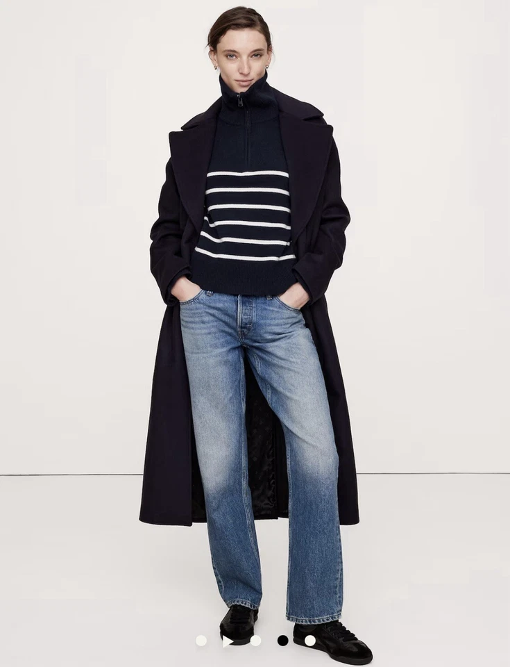 Banana Republic 100% Cashmere Half-Zip Sweater Navy Blue White Stripe XS Collard - Image 3 of 4