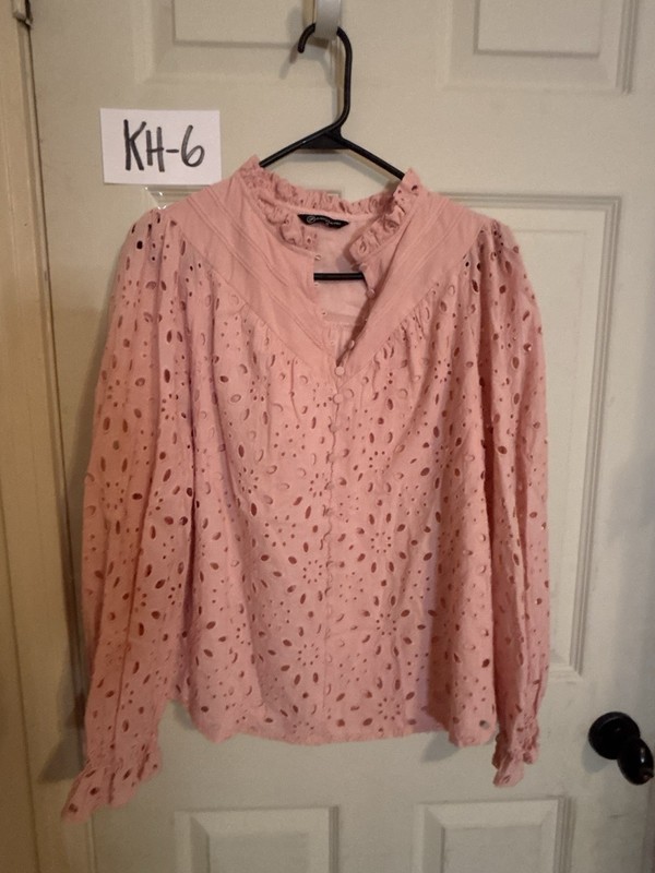 PrettyGarden Pink Solid Lace High Neck Puff Long Sleeve Ruffle Blouse Size M