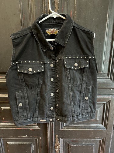 Harley Davidson Black Denim Motorcycle Vest  Women’s XL  Logo On Back