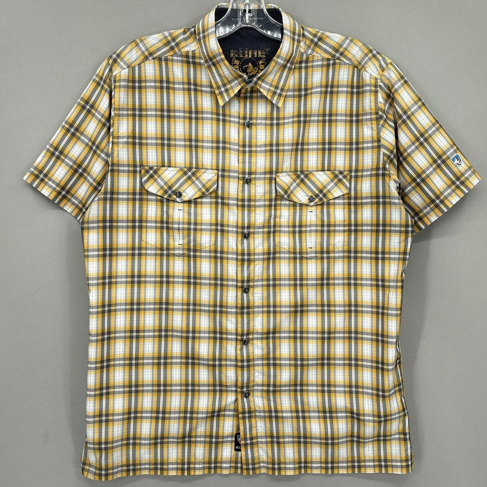 Kuhl Shirt Mens Large Yellow Gray Plaid Snap Up Short Sleeve Outdoor Hiking
