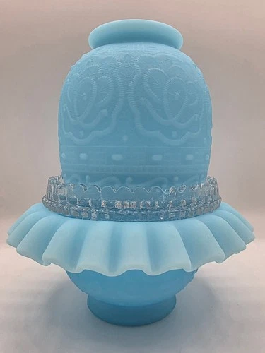 Fenton | Blue Satin Glass | Rose Persian Medallion Fairy Lamp | 3 Pc Set