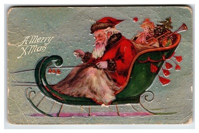 1909 Embossed Santa Claus Sleigh Toys A Merry Xmas Postcard Saugerties NY