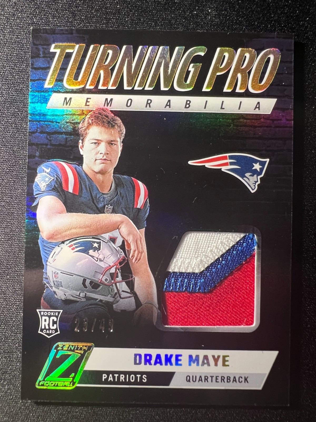 2024 Zenith Turning Pro Drake Maye TPM-DME 29/49 SP Patch RC Patriots Rookie Card