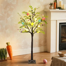 4FT Lighted Easter Tree with Timer, Pre-Lit Artificial Egg Trees with Colorful E