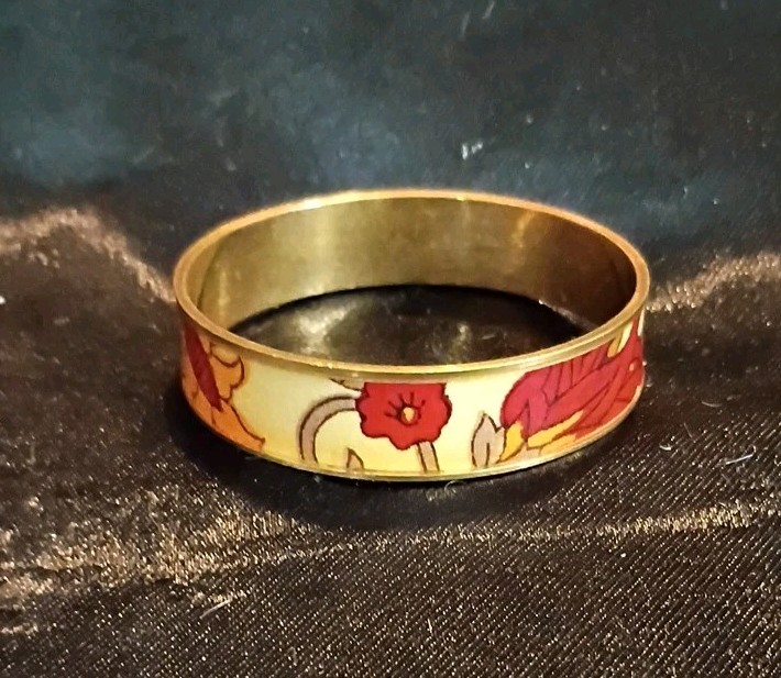 Vintage Floral Goldtone Bracelet Red, Orange Yellow and Gold Enamel Bangle