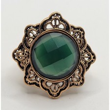Vintage Barse Green Stone Ring Rose Gold Plated Ornate Scrollwork Chunky Flower