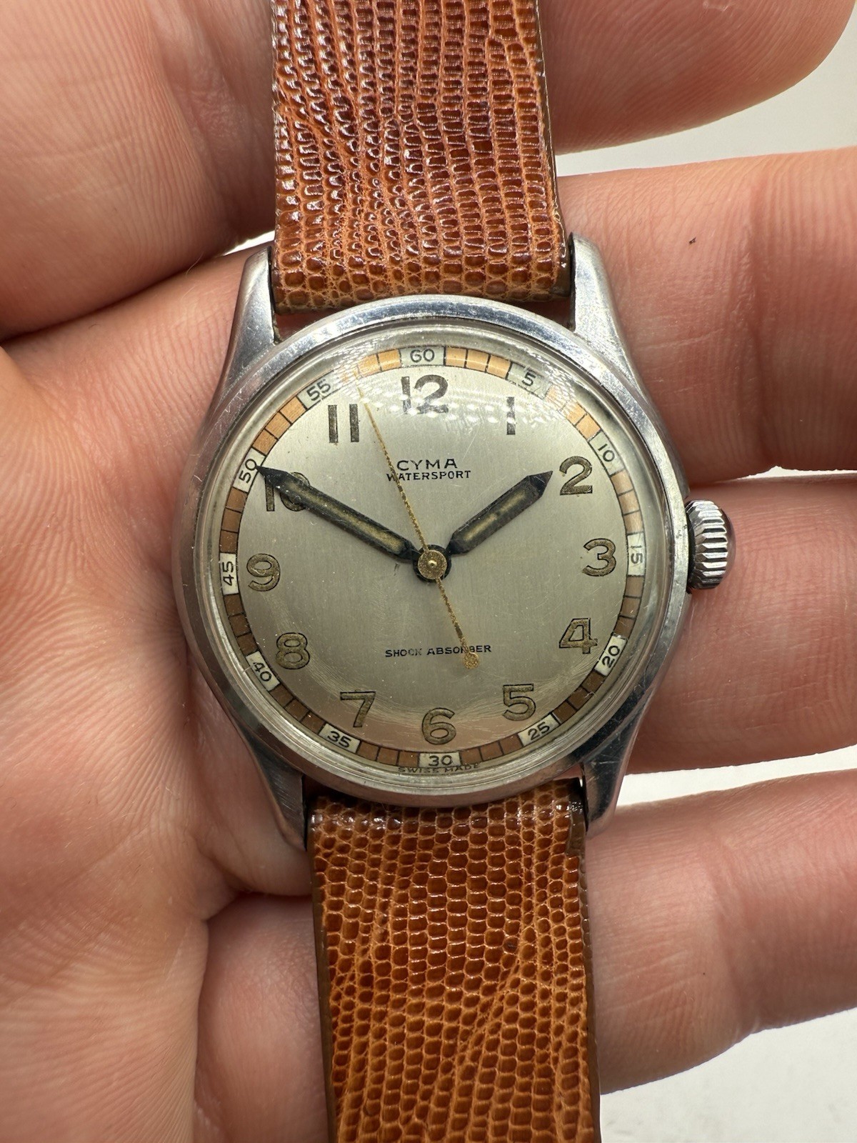 VINTAGE 1950s Cyma Tavannes Watersport Men's Watch RARE Copper Military Dial