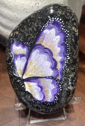 “Pretty Purple And Gold Butterfly” Hand Painted Rock Collectible Art Decor Gift