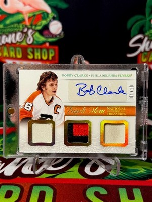 2013 Panini National Treasures Bobby Clarke Patch Auto /10 Gold Triple Mem 