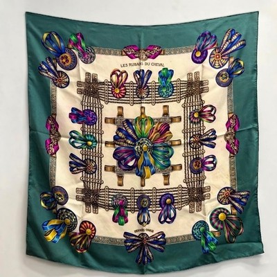 Authentic HERMES Silk Scarf Carre 90 Les Rubans du Cheval Green & Multi Color