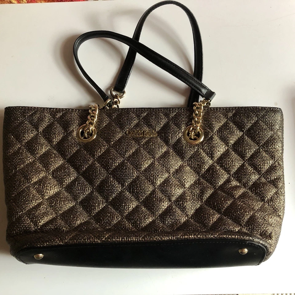 Bolso de Hombro Calvin Klein Mujer Marrón Negro Dorado Acolchado Doble Asa Foto 2 de 4