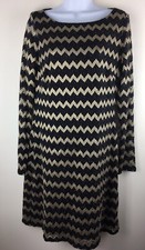 Nine West Womens Sheath Dress Size 12 Black Gold Metallic Chevron Long Sleeves