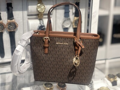 Michael kors Jet Set Travel Extra-Small Logo Top-Zip Tote Bag Brown NWT 