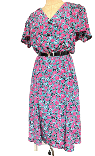 Vintage Kleid Blumenmuster rosa grün schwarz voller Rock Passform modern 12 14 - Bild 7 von 12
