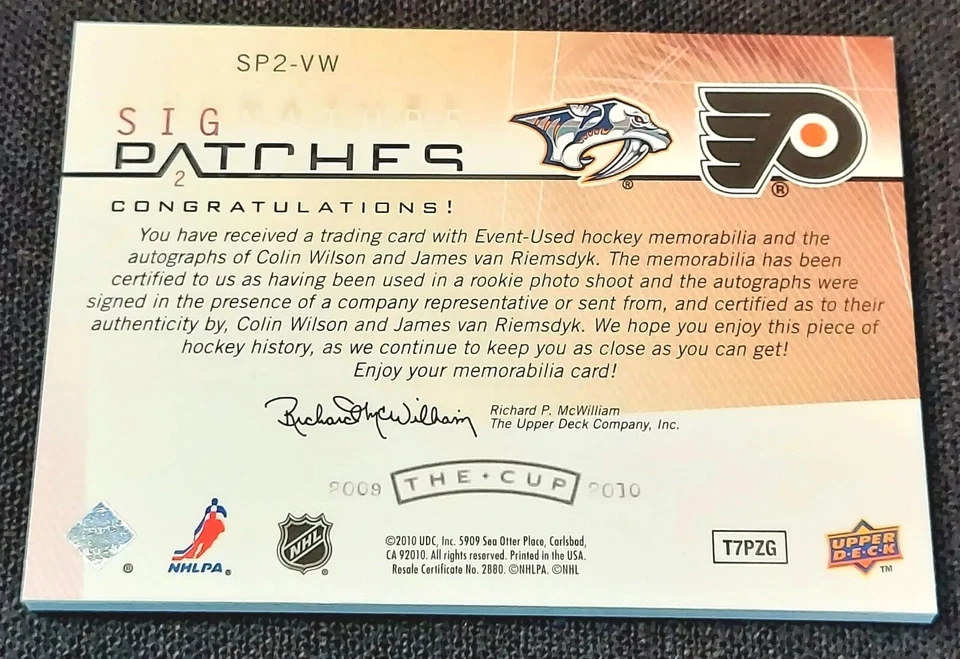 Parche doble de novato UD The Cup 2009-10 automático/35 James van Riemsdyk Colin Wilson radiocontrol Foto 2 de 2