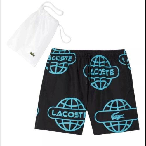Lacoste Globe Logo Swim Trunks Large - New - With Carrying Bag