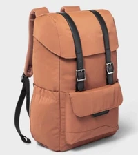 NWT Open Story Fitted Flap Adult 17" Backpack w/Cinch Cord Closure Amber Brown