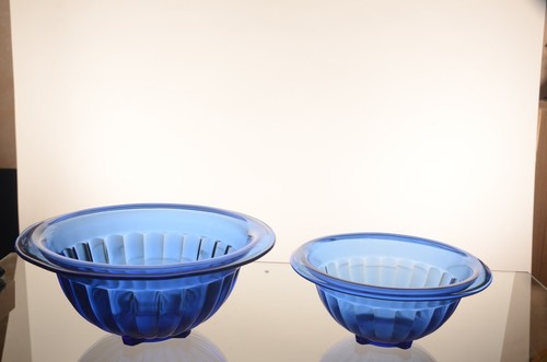 Vtg Hazel-Atlas Glass Cobalt Blue Rimmed Ribbed Mixing Bowls Set of 2 1930s EUC - Picture 4 of 4
