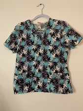 Izzy Scrubs Scrub Top Medical Uniform Small Blue Black Leaves V Neck