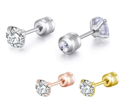 2PCS Silver Stainless Steel Round CZ Earrings Screw Back Ear Stud for Men Women