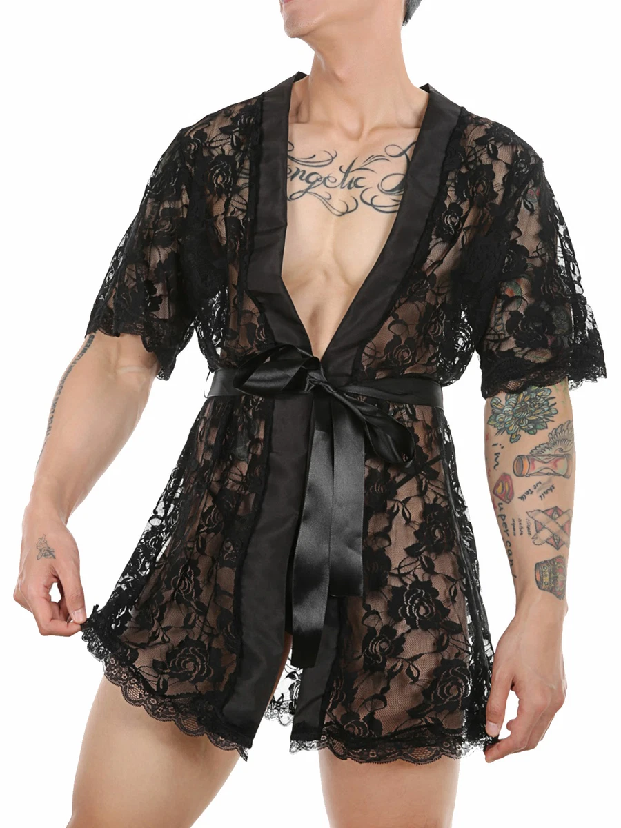 Black Men's See-Through Lace Pajamas Dressing Gown Bathrobe Loungewear  Nightwear