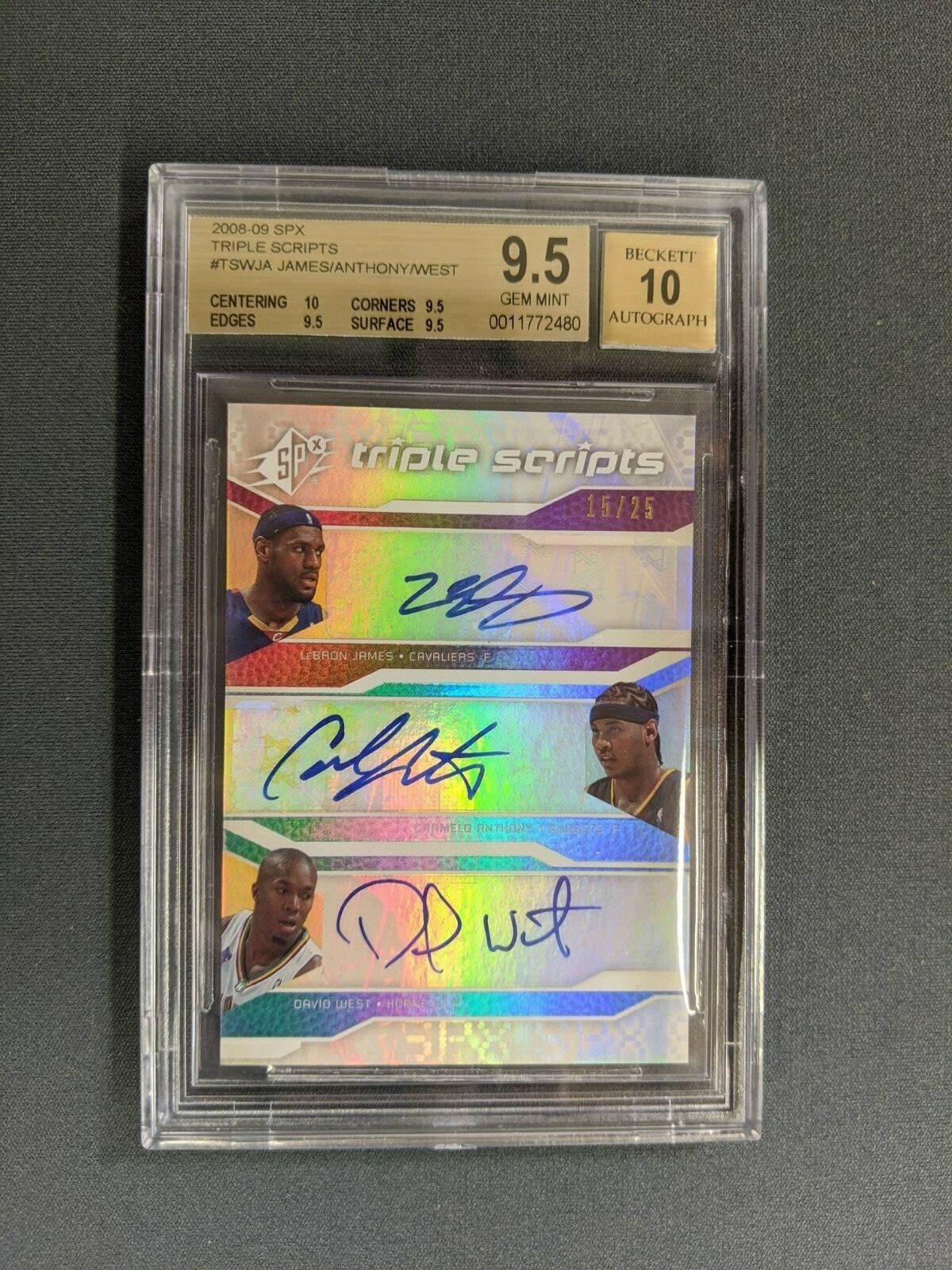 Carmelo Anthony 2008-09 SPX Triple Scripts LeBron James /25 BGS 9.5 10 Auto 