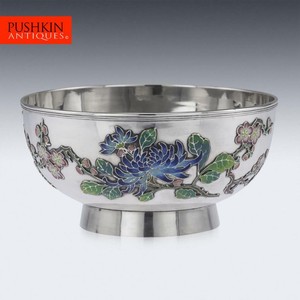 ANTIQUE 19thC RARE CHINESE EXPORT SOLID SILVER & ENAMEL BOWL, WO KWONG c.1890