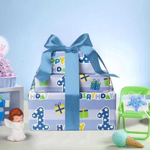 WRAPAHOLIC 1St Birthday Wrapping Paper Sheet - 6 Sheets Blue Happy Birthday with - 第 3/12 張圖片