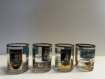 (4)  MCM Libby Southern Comfort Steamboat 22k Gold Rocks Lowball Bar Glasses