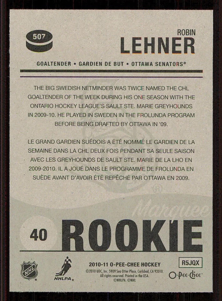 2010-11 O-Pee-Chee #507 Robin Lehner RC - Image 2 of 2