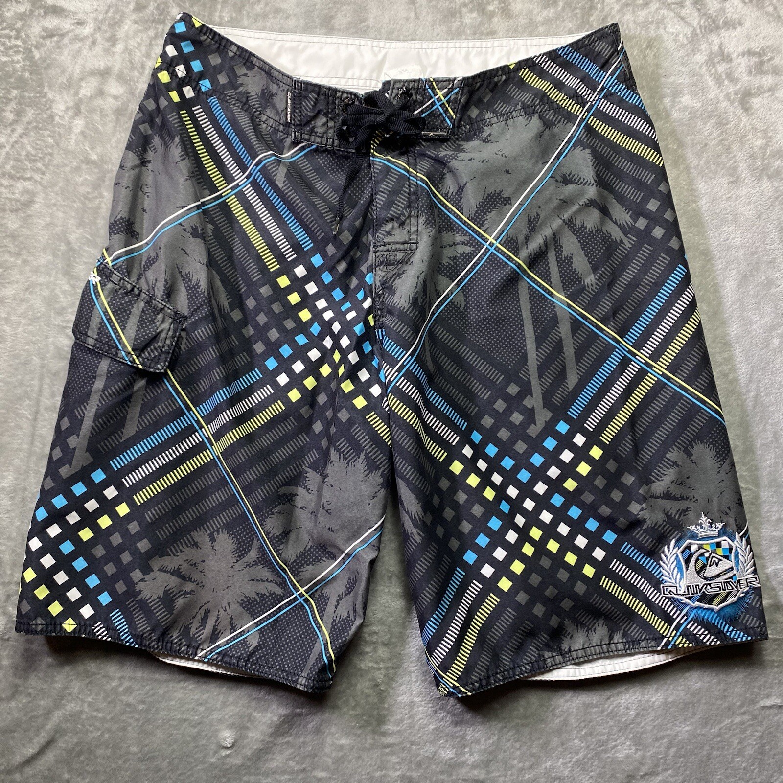 Quiksilver Black Blue Yellow Palm Tree Board Shorts Swim Trunks Swimwear Mens 32