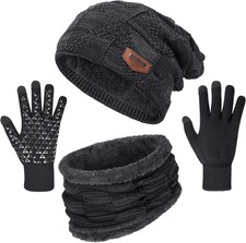 3Pcs Winter Beanie Hat Scarf Touchscreen Gloves Set for Men  Women Fleece Lined