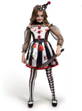 Girls Scary Clown Costume Halloween Black White Bloody Jester Dress Kids S-XL
