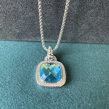David Yurman 925 Silver 11mm Albion Pendant W/Blue Topaz Diamond Necklace 65cm