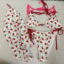 NWOT  Betsey Johnson S 3 pc Bikini Sarong Set White W/ Strawberry
