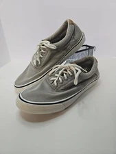 Sperry Gray Canvas Shoes Men's 9.5 Striped Casual Boat Shoes Grey White 