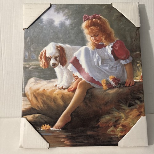 Leinwandbild von Bolivar Q - Mädchen mit Hund am Wasser, romantischer Stil 19x16" - Bild 8 von 8