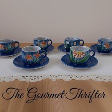    Vintage Japanese Hand Painted Blue Floral Tea Set   6 Cups  Saucers   