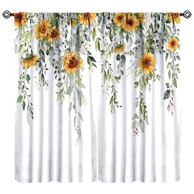 Eucalyptus Leaves Curtains Sunflower Floral Art Printed Blackout Window Drape...