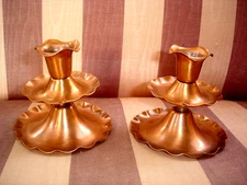 Vintage GREGORIAN USA Ruffled 2 Tier Sparkly COPPER Candle Holders-Set of 2