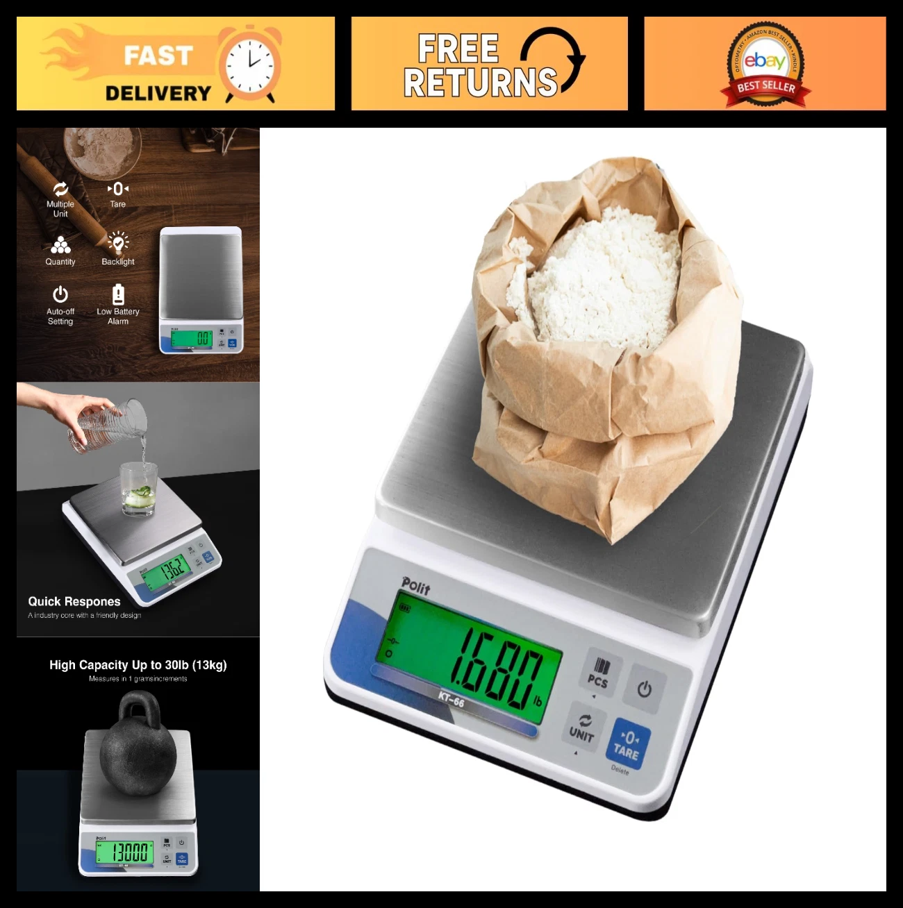 Digital Kitchen Scale 30lb/13kg - Precision Food Scale with LCD Display, Stainle