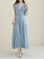 NWT DAZY Women’s (S)Wrap Look Dress Blue V-Neck Half Sleeve Soft Stretch Knit