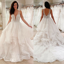 White Spaghetti Strap Lace Backless TieredRuffled Tulle Wedding Dress With Train