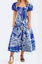 NEW $279 Jessie Zhao Printmaking Scoop Neck Cotton Midi Dress -(Blue,Size: US 4)