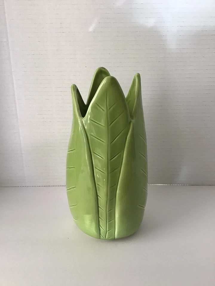 "Florero Pottery Barn verde hoja de plátano selva tropical cerámica 9""" Foto 2 de 4