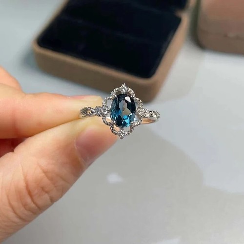 925 Sterling Silver Natural London Blue Topaz Victorian Engagement Ring For Her