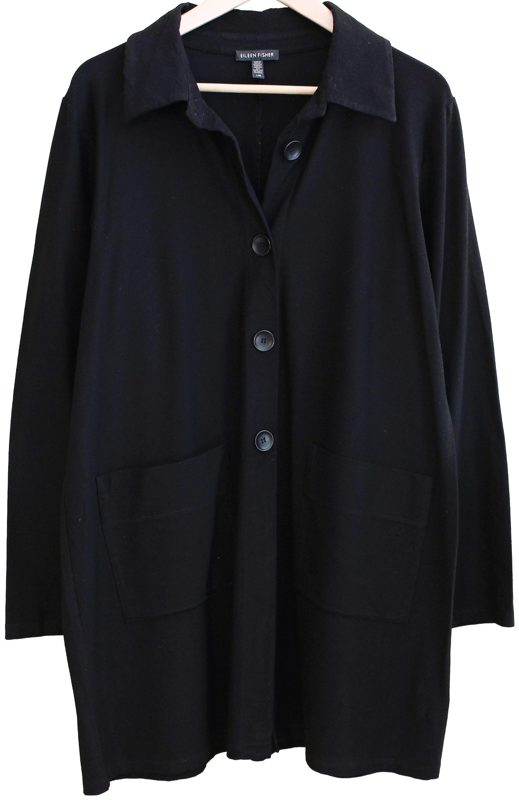 EILEEN FISHER Black WASHABLE STRETCH CREPE CLASSIC COLLAR JACKET Longline SZ L