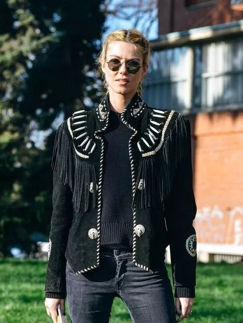 Women s American Western Wear Cowboy Black Suede Leather Fringe Jacket Bones