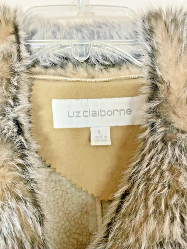 Liz Claiborne Women Faux Suede Winter Coat VTG Long Penny Lane 70s Tan Fur L - Picture 8 of 16